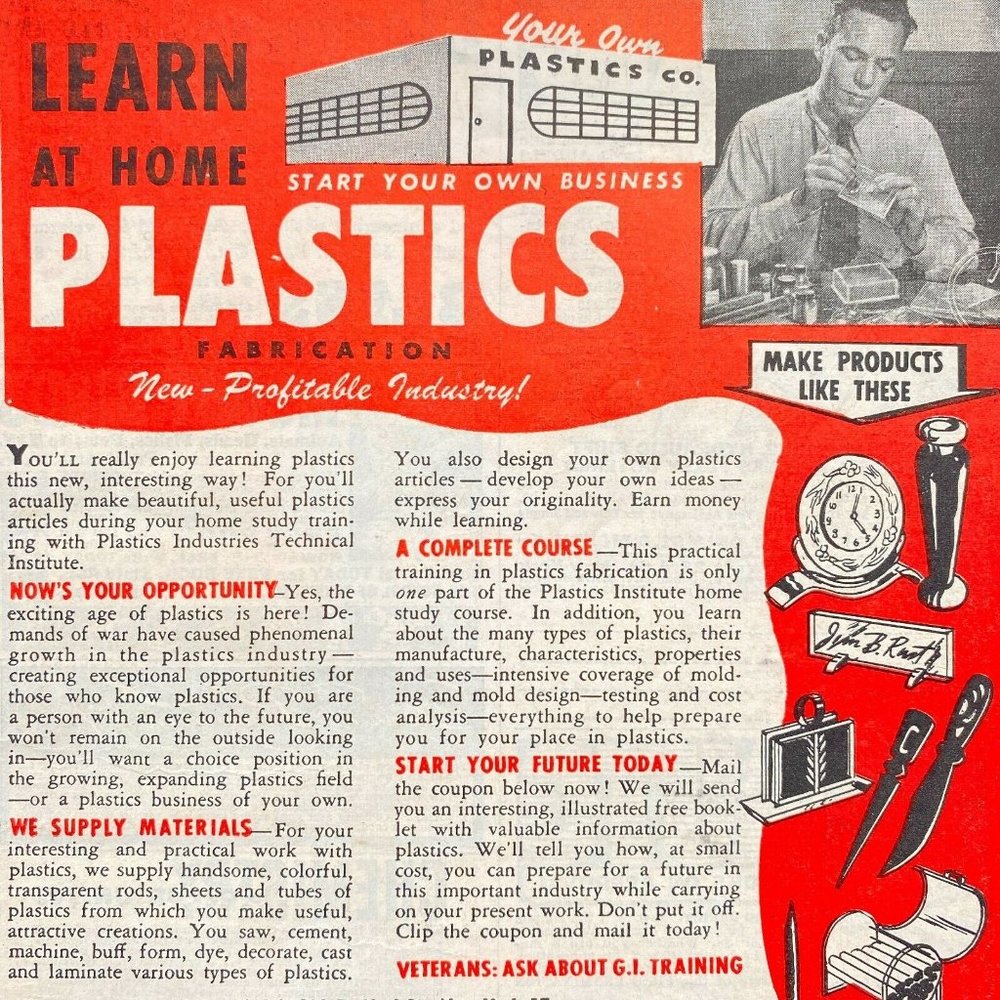 1945 Vintage Home Plastics Fabrication Magazine Print Ad Popular Mechanics